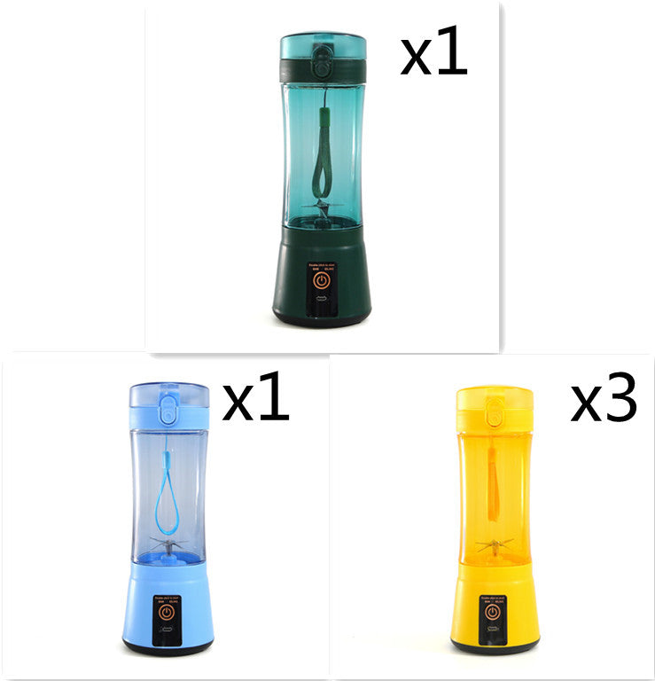 Portable electric fruit juicer mini blender set with teal, blue, and yellow containers