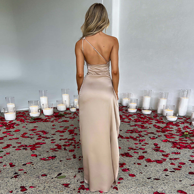 One-shoulder backless satin slit dress, cream, open back with long floor-length hem.