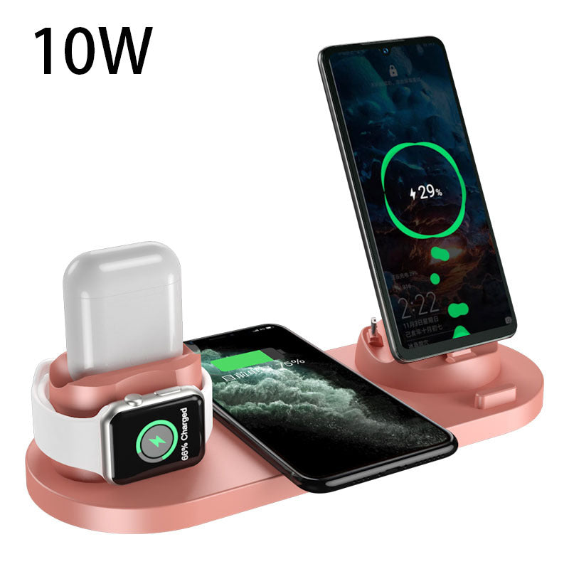 Wireless charging dock rated 10W with phone and watch stands, pink base and white pod