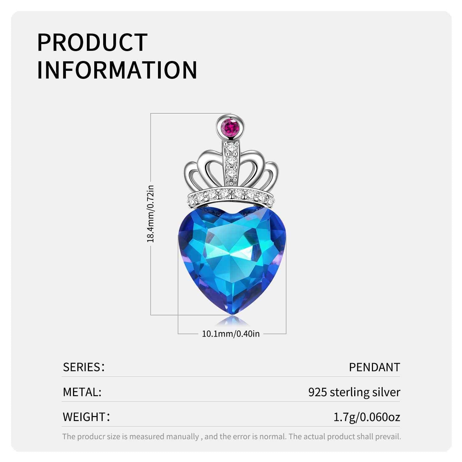 Heart crown pendant necklace size diagram with blue heart stone and pink top