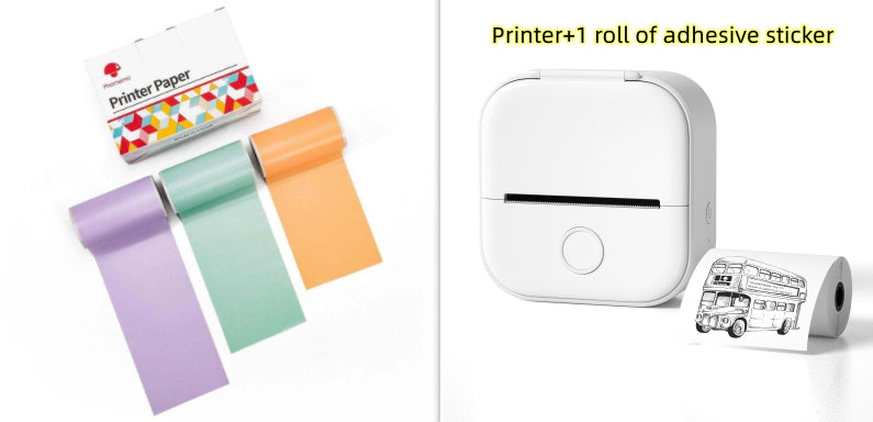 White mini label printer with pastel adhesive sticker rolls and thermal paper roll