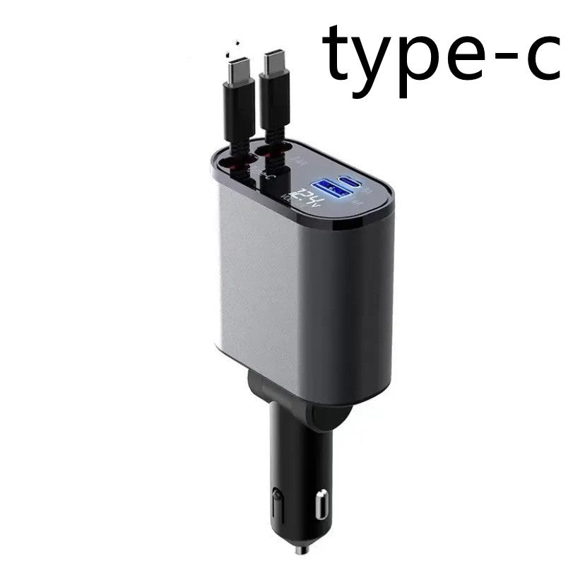 Car USB charger with Type-C connector plugs, silver and black compact design