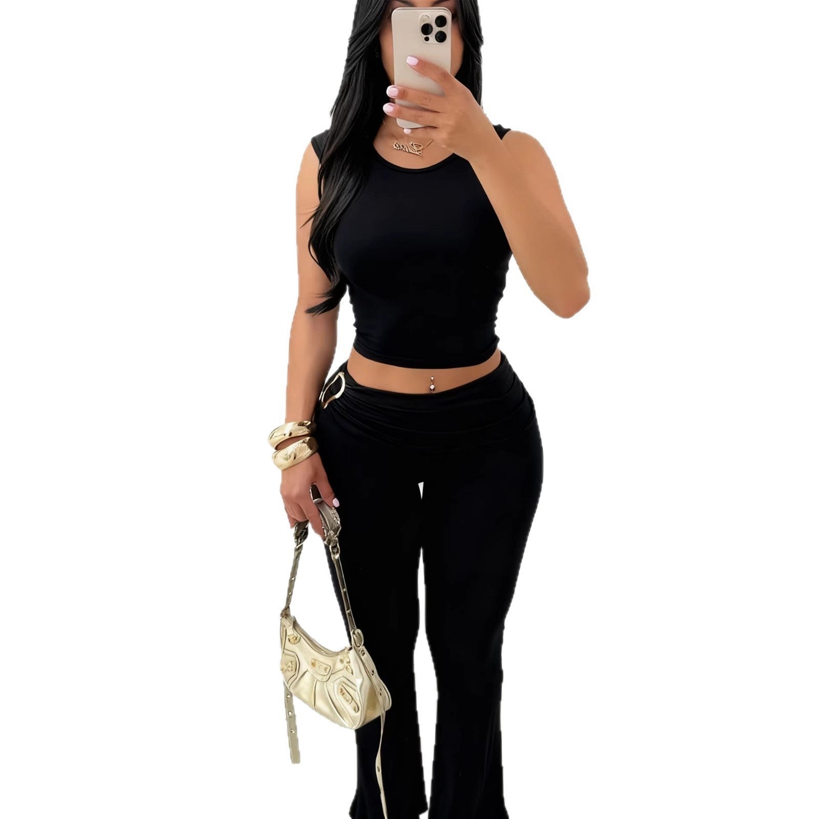 Womens sleeveless crop top and bodycon flare pants set, black