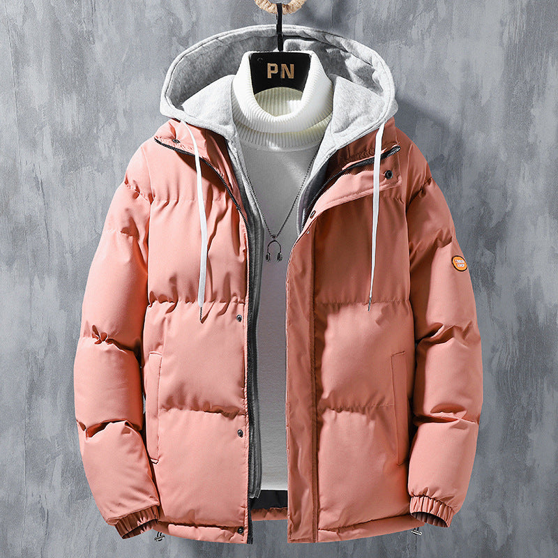 Men’s hooded puffer jacket in pink with front zipper and adjustable drawstring hood