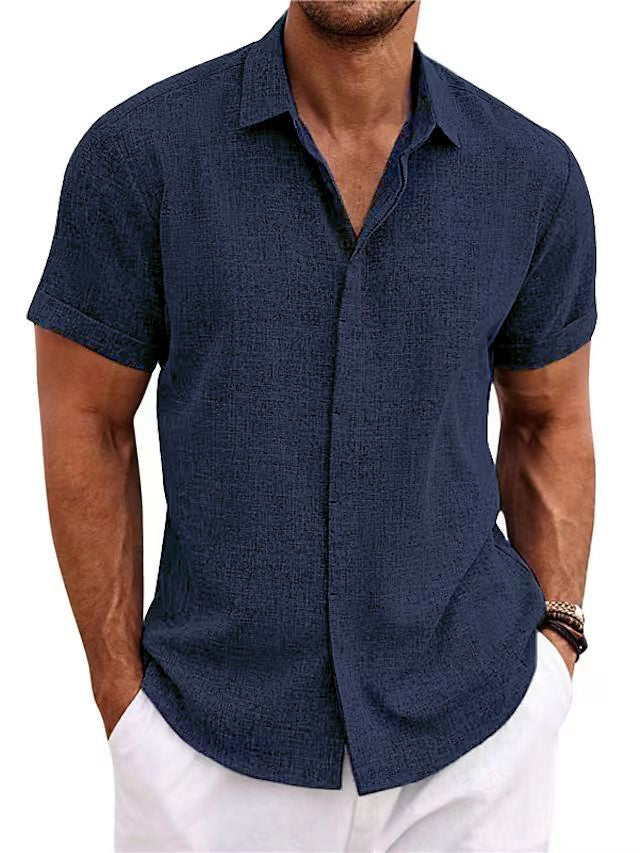 Men's linen short-sleeve shirt in navy blue, button-front with pointed collar