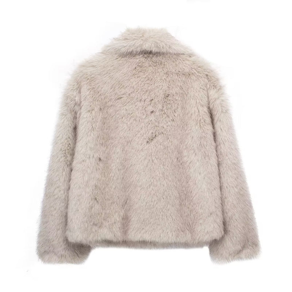 Winter plush faux fur coat, long sleeves, back view, light beige