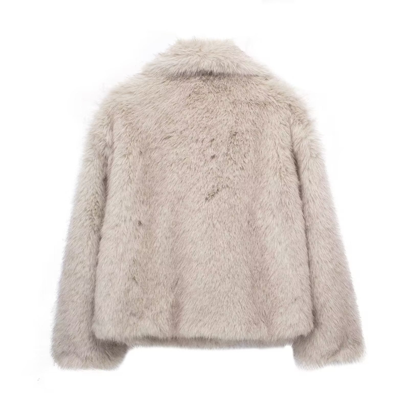 Winter plush faux fur coat, long sleeves, back view, light beige
