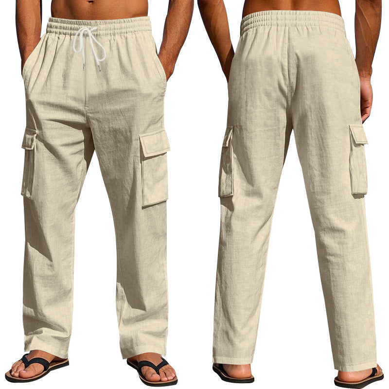 Beige linen cargo pants with elastic drawstring waist and flap side pockets