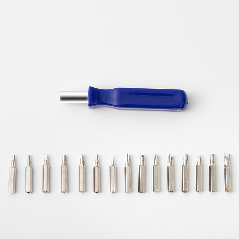 Blue-handled screwdriver with a row of silver bit heads
