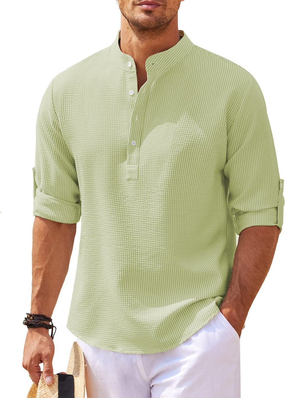 Men's long-sleeve stand-collar shirt in light green, button placket