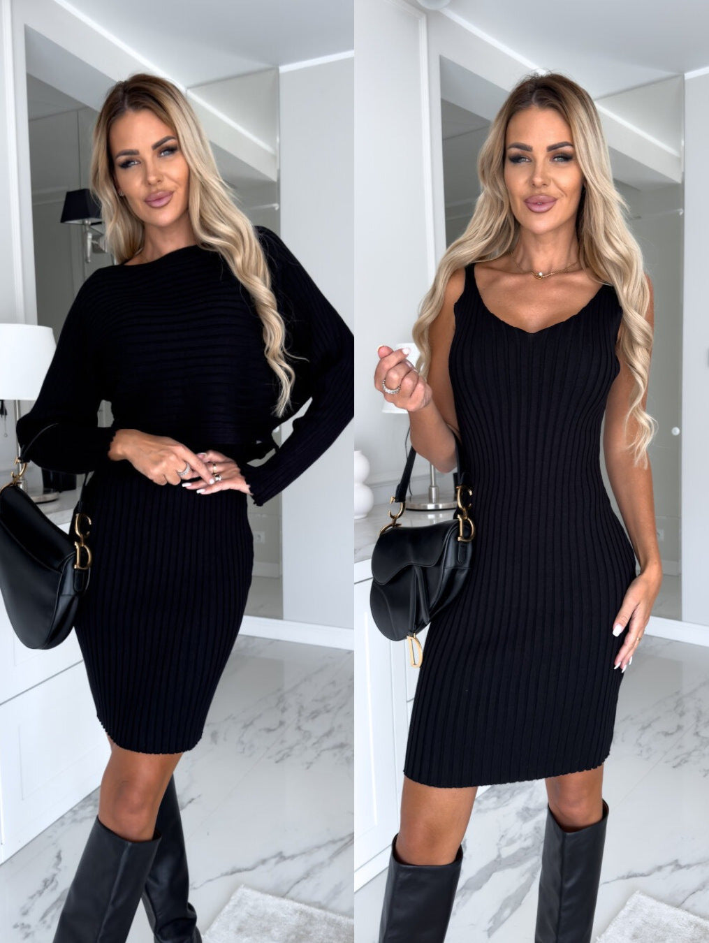 Women’s ribbed knit top and suspender skirt set, black, mixed sleeve styles