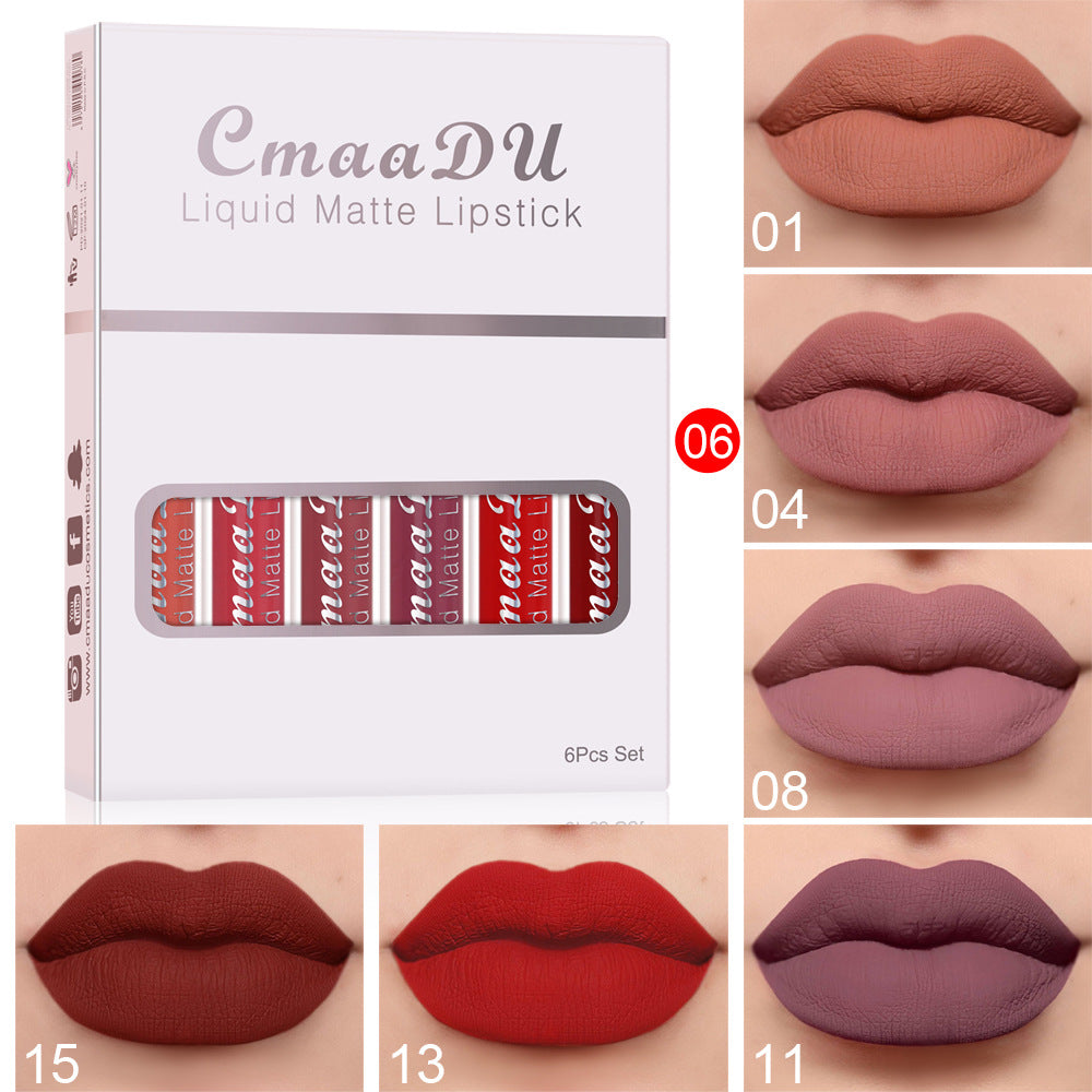 Liquid matte lipstick set box with nude, mauve, and plum lip shade swatches