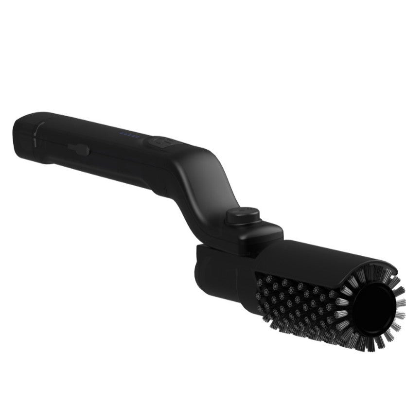 Electric BBQ grill brush with textured bristle roller and angled black head