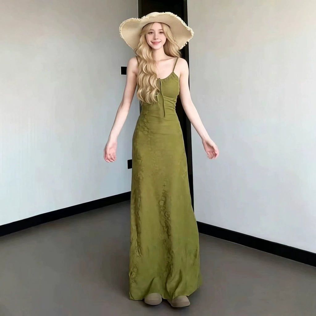Green maxi strap dress with square neckline and built-in padded bra, front view