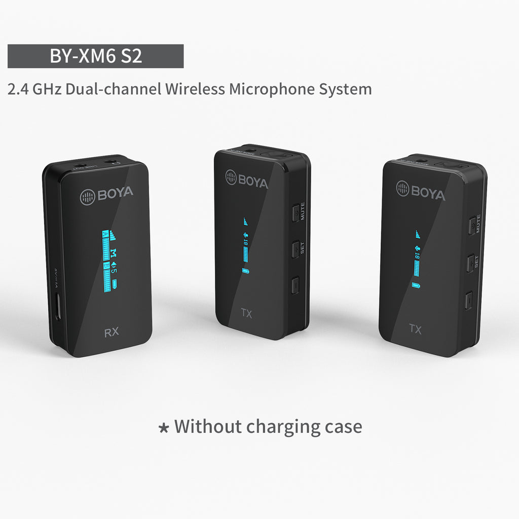 Black dual-channel wireless microphone units showing front and side ports