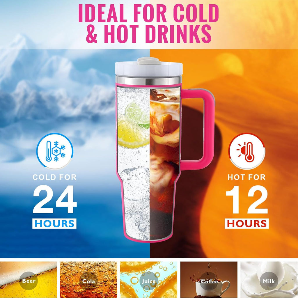 Insulated tumbler with handle and straw; see-through center with pink exterior and heart motif
