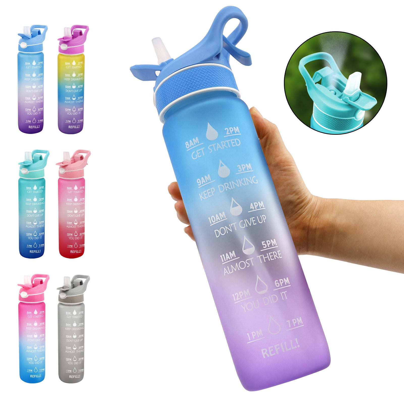Water bottle with flip straw cover, blue-to-purple gradient, printed hydration timing marks.
