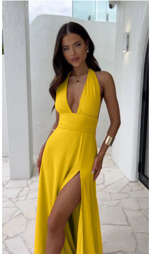 Yellow halterneck V-neck backless strappy slit dress with wrap-style waist