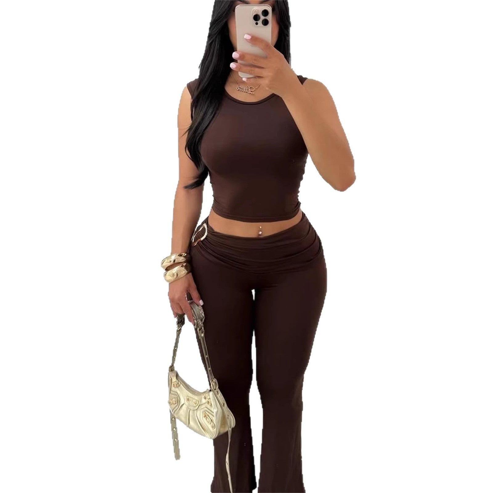 Womens sleeveless crop top and bodycon flare pants set, dark brown