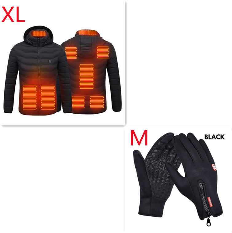 Men's black zip-up heated jacket with glowing heating zones on front and back