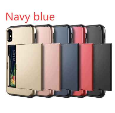 Navy blue phone card cases with flip front card holders, shown side by side