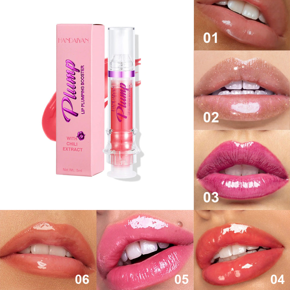 Lip plumping booster lip gloss in pink tube with applicator, shade 01 swatch on lips