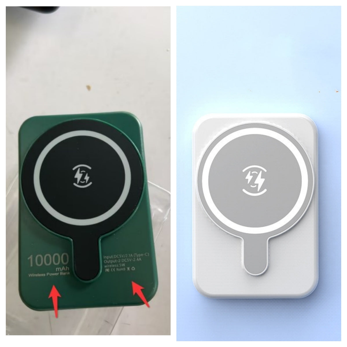 Mini magnetic wireless power bank, green and white, with Qi charging symbol.