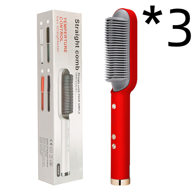 2-in-1 hair straightener hot comb electric hair brush, red handle with retail box